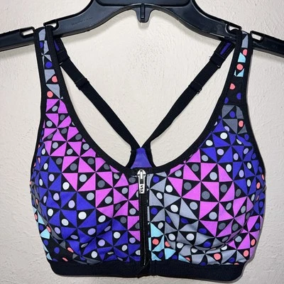 VSX Victorias Secret 32D Sports Bra Lined Pink Blue Green White UW Front Clasp - Image 1 of 4