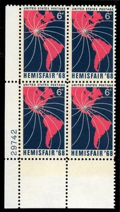 HEMISFAIR 1968 SAN ANTONIO, TX US #1340 MAP OF THE AMERICAS 5c STAMP PLATE BLOCK - Picture 1 of 3