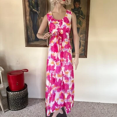 Vintage 1970s Psychedelic Empire Waist Maxi Sleeveless Dress Hawaiian Hostess L - Image 1 of 4