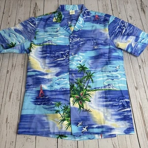 VTG Royal Creations Hawaiian Shirt Mens Medium Button Up Blue Palm Trees Ocean - Picture 1 of 9