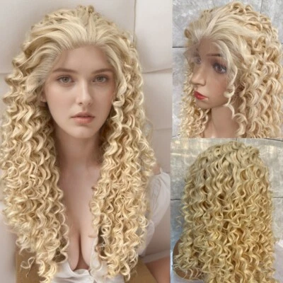 Long Blonde Curly Full Lace Front Human Hair Blend Heat Ok Wigs Women Soft Daily - Image 1 of 4