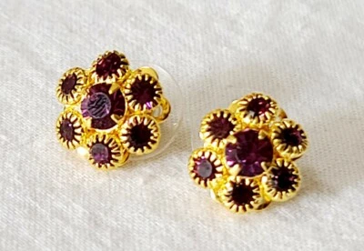 Gold Tone Floral Shape Stud Earrings W/Purple Swarovski Crystals J6-803 - Image 1 of 4