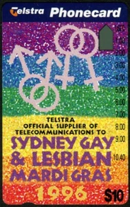 Tarjeta telefónica Australia Sydney 1996 gay y lesbiana Mardi Gras $10 como nueva nunca usada - Imagen 1 de 1