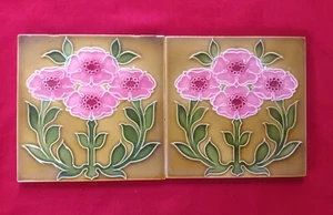 2 Piece Old Art Deco Floral Design Embossed Majolica Ceramic Tiles England 0611 - Picture 1 of 10