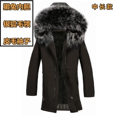 Mens Hooded Real Rabbit Fur Lined Mid Long Coat Parka Raccoon Fox Fur Collar New - Image 1 of 4