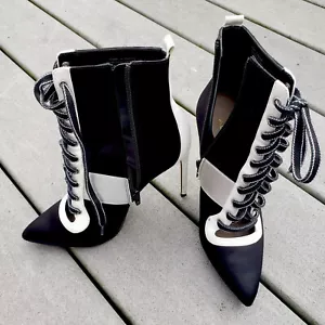 Aldo Women's Black Pointy Toe Lace Up Stilettos Heel Ankle satin Boots size 6.5 - Picture 1 of 8