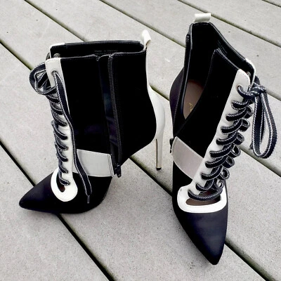 Aldo Women's Black Pointy Toe Lace Up Stilettos Heel Ankle satin Boots size 6.5 Foto 1 de 4