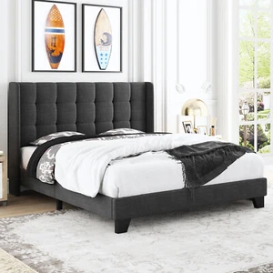 Sifurni Queen Size Wingback Platform Bed Frame with Upholstered Headboard, Grey - Picture 1 of 9