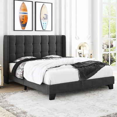 Sifurni Queen Size Wingback Platform Bed Frame with Upholstered Headboard, Grey - Image 1 of 4