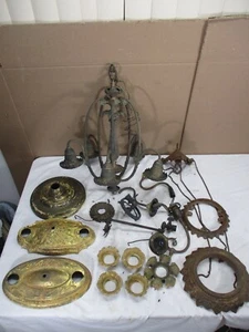 Lot  Antique Ceiling Light Lamp Chandelier Gas & Electric Brass Cast Iron Parts - Picture 1 of 24