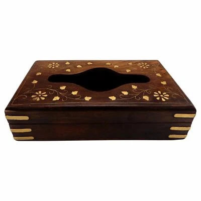 Wooden Tissue Box Napkin Holder Cover with Brass Inlay and Velvet Interior - Image 1 of 4