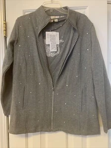 New Quacker Factory Zip Up Gray Sweatshirt & Matching T Shirt Cat Rhinestones M - Picture 1 of 12