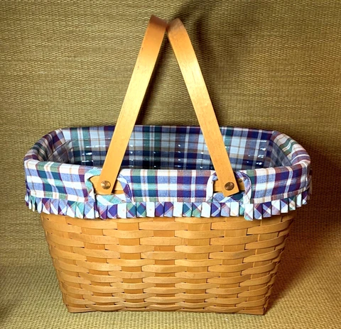 Vtg Longaberger Magazine Basket Double 2 Swing Handles Plaid Liner & Insert 2000 Cover