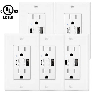 5 Pack Type C Dual USB Port Wall Socket Charger AC Power Receptacle Outlet Plate - Picture 1 of 12