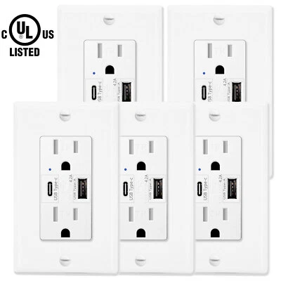 5 Pack Type C Dual USB Port Wall Socket Charger AC Power Receptacle Outlet Plate - Image 1 of 4