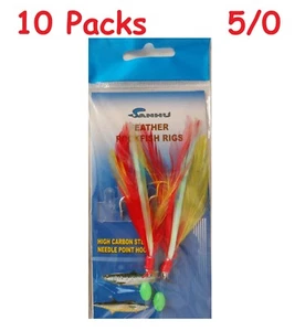 10 Packs 5/0 Rock Cod Feather Rigs 2 Hooks Red/Yellow Feather Rockfish Bait - Picture 1 of 1