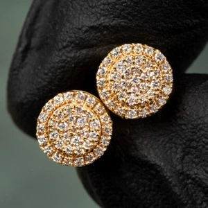 Round 10K Yellow Gold 0.30Ct Hip Hop Circle Lab Created Diamond Stud Earrings - Picture 1 of 7