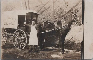 RPPC Postkarte Mann fährt Fleischwagen Brobst Fleisch Bethel PA - Bild 1 von 2