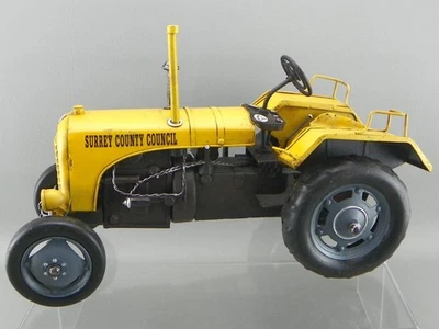 Decorative Metal Tin Plate 13" Replica Yellow Surrey County Council Farm Tractor - Image 1 of 4