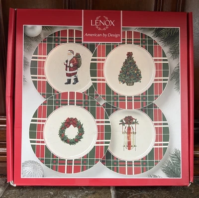 Набор из 4 винтажных рождественских декоративных тарелок в клетку Lenox 8,25 дюйма для праздничного салата десерта - Изображение 1 из 4