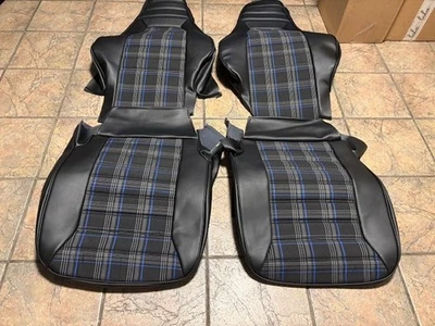 PORSCHE 911 911sc UPHOLSTERY SEAT KIT SET FRONTS TARTAN PLAIDS BLU/GERMAN VINYL - Image 1 of 4