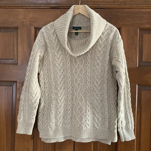 Lauren Ralph Lauren Pullover Pulli Zopfmuster Wasserfallausschnitt beige Damen Gr. Large - Bild 1 von 5
