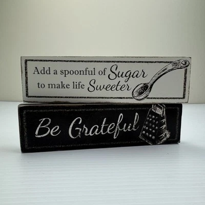 Kitchen Sign Set Be Grateful & Spoonful Of Sugar Shelf Tiered Tray Signs - Image 1 of 4