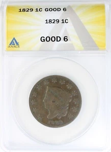 1829 1c Coronet Head Large Cent Good 6 ANACS - Picture 1 of 4