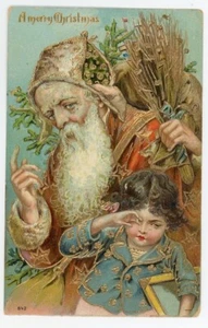 Papá Noel rojo victoriano del viejo mundo con niño en azul - Imagen 1 de 2