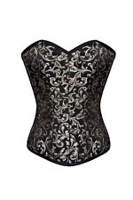 Women’s Overbust Corset Black Silver Brocade Gothic Bustier Training Costume Top