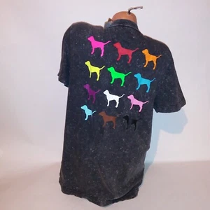 Victoria Secret PINK T Shirt Gray Tie Dye Dog Logo Colorful Short Sleeve Crew - Picture 1 of 24