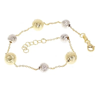 Italian 14k Two-Tone Gold Diamond Cut Ball Bead Station Bracelet 8.5" 6mm & 8mm - Image 1 of 4