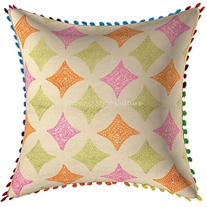 Ethnic Cotton Floral Christmas 16 x 16 Terry Embroidered Pom Pom Pillow Cover - Picture 1 of 5