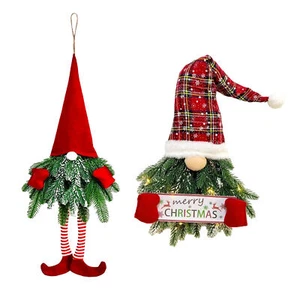 Santa Gnome Merry Christmas Wreath with Light Artificial Pine Spruce Hanging - Picture 1 of 14