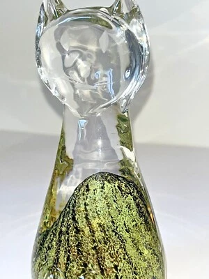 Estatuilla atigrada negra verde transparente pisapapeles gato vidrio artístico de colección 6"H x2,75"Dx2,5"D Foto 1 de 4