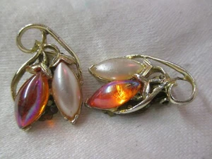 Vintage gold tone Clip on Earrings with fiery  iridescent Lucite Cabochons - Picture 1 of 3