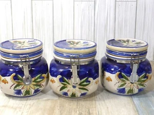 Hand Painted Ceramic Jars Cannisters France? Set of 3 White Blue Floral - Picture 1 of 21