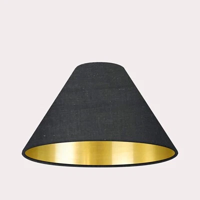 * SALE * Lampshade Black Textured 100% Linen Brushed Gold Tapered Coolie - Image 1 of 4