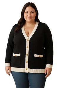 Cárdigan Suéter Tahari Para Mujer 3X Negro Blanco Cuello en V Dorado Bolsillos con Botones NUEVO - Imagen 1 de 12