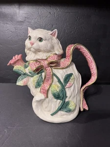 Vintage Fitz & Floyd Kittens & Roses Katze Teekanne Banddetail Rosenauslauf 7,75”Hx 8”B - Bild 1 von 12