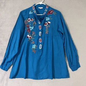 Luv bestickte Bauern Tunika Shirt türkis blau Damen Gr. L Boho Azteken - Bild 1 von 10