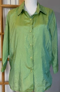 Vtg Coldwater Creek Silk Blouse Woman’s 2X Shimmery Green Crinkly Boho Classic - Picture 1 of 12