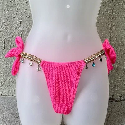 Gorgeous Pink Bikini Bottoms Rhinestones Chain Straps Size S Crinkle Tie Cheeky  - Image 1 of 4