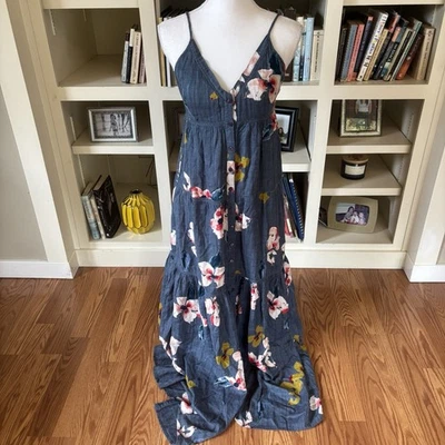 Maxi Vestido Rip Curl Azul Boho Playa Floral Hawaiano en Niveles Tropical Talla Pequeña Foto 1 de 4