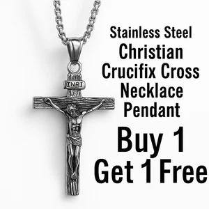 Stainless Steel Jesus Crucifix Cross Necklace for Women Men Pendant BOGO Offer - Picture 1 of 6