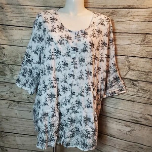 Ellos Babydoll Shirt Womens 3X (30/32) White Black Floral Tunic Blouse Top - Picture 1 of 12
