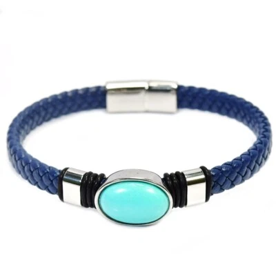 925 STERLING SILVER  NATURAL BLUE TURCUOISE & BLUE LEATHER CUFF  BANGLE, 7.5 - Image 1 of 4