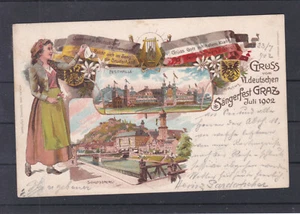 Cartolina litografica festa tedesca del cantante a Graz viaggiata 1902 - Foto 1 di 2