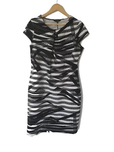 'Liz Jordan' Size L Black & White Abstract Stripe Cap Sleeve Bodycon Dress - Picture 1 of 3