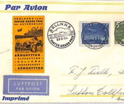 SWEDEN Air Mail 1936 Cover WINTER GRAND PRIX *CARS* RACING Sellnäs {Field}YT204 - Image 1 of 4